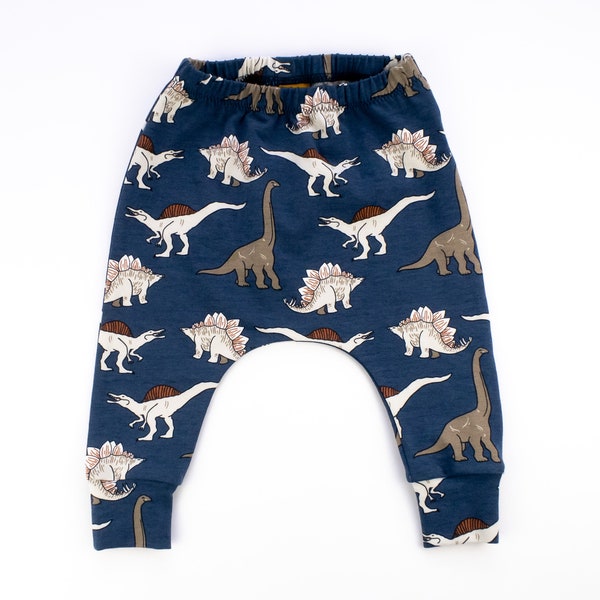 Made to Order Dino Dark Blue Harem Pants, Organic Cotton Baby Leggings, Unisex Toddler Pants, Elasticated Waist, Handmade in UK