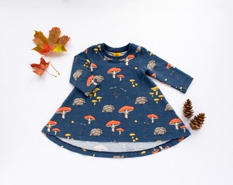 Made to Order Mushroom Navy High Low Hem Dress  for Babies, GOTS Certified Organic Cotton Long Sleeved Dress, Handmade in UK