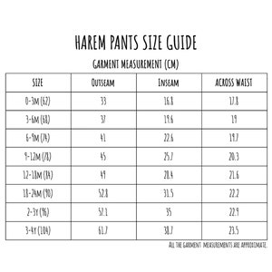 May include: Size chart for harem pants in centimeters. The chart shows the size, outseam, inseam, and across waist measurements for sizes 0-3M to 3-4Y.