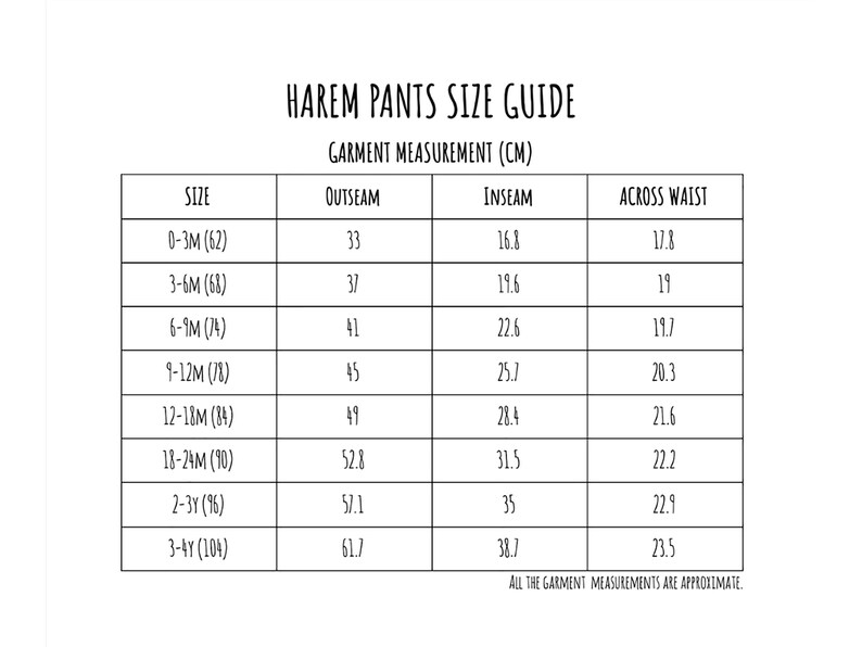 May include: Size chart for harem pants in centimeters. The chart shows the size, outseam, inseam, and across waist measurements for sizes 0-3M to 3-4Y.