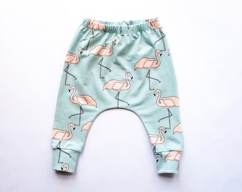 Flamingo Dusty Blue Harem Pants for Babies and Toddlers, Organic Cotton/Elastane Baby Leggings, Elasticated Waist, Handmade in UK