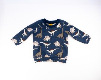 Dino Dark Blue Long Sleeved T-shirt for Babies, Ready to Ship, Organic Cotton Unisex Top, Ringer Tee, Handmade in UK