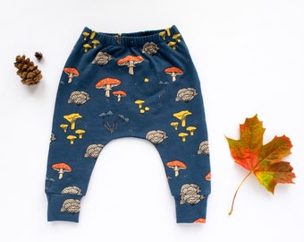 Mushroom Navy Harem Pants, Organic Cotton Unisex Baby Leggings, Everyday Toddler Trousers, Designed for Cloth Nappies, Handmade in UK