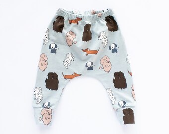 Made to Order Sage Blue Dogs Harem Pants for Babies, Organic Cotton Elastane Leggings, Slouchy Crotch Trousers, Designed for Cloth Nappy