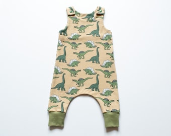 Dinosaur Harem Overall for Babies and Toddlers, Soft Loopback Organic Cotton/Elastane French Terry Rompers, Autumn Winter Wardrobe
