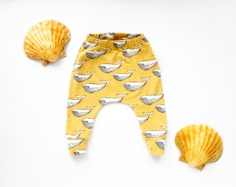 Made to Order Whale Gold Harem Pants for Babies and Toddlers, Organic Cotton Leggings, Cloth Nappy Friendly Trousers, Elastic Waist