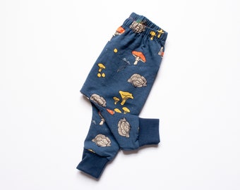 Mushroom Navy Harem Pants, Organic Cotton Unisex Baby Leggings, Everyday Toddler Trousers, Designed for Cloth Nappies, Handmade in UK