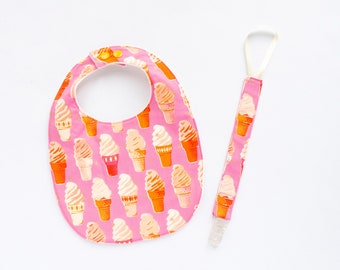 Ice Cream Pink Round Bib and Pacifier Clip Set, Cotton Dribble Catcher, Dummy Clip, Three Layered Drool Catcher, Gift for Teething Stage