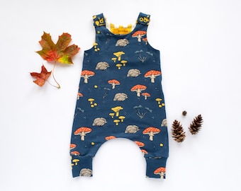 Made to Order Mushroom Navy Harem Overall for Babies and Toddlers, Soft Organic Cotton Jersey Kids Dungaree, Cloth Nappy Friendly Design