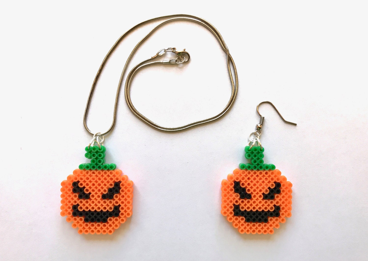 Halloween Pumpkin Perler Bead Earrings Keychain Necklace Etsy