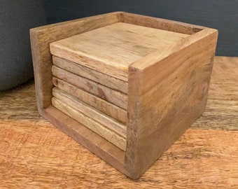 Mango Wood Coasters Set: Square Drinks Coasters with Holder