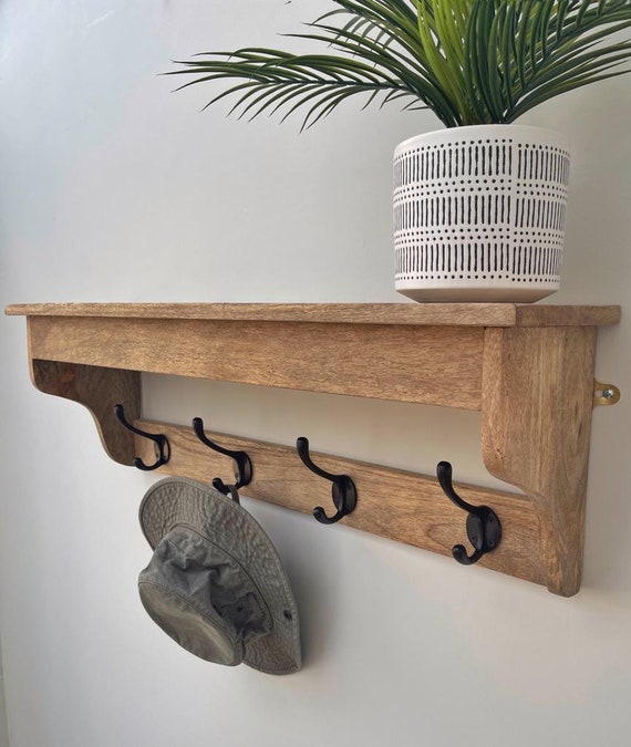 80cm Mantis Solid Mango Wood Wall Hanging Hat and Coat Rack With Shelf and Hooks Available With or Without Hooks Etsy