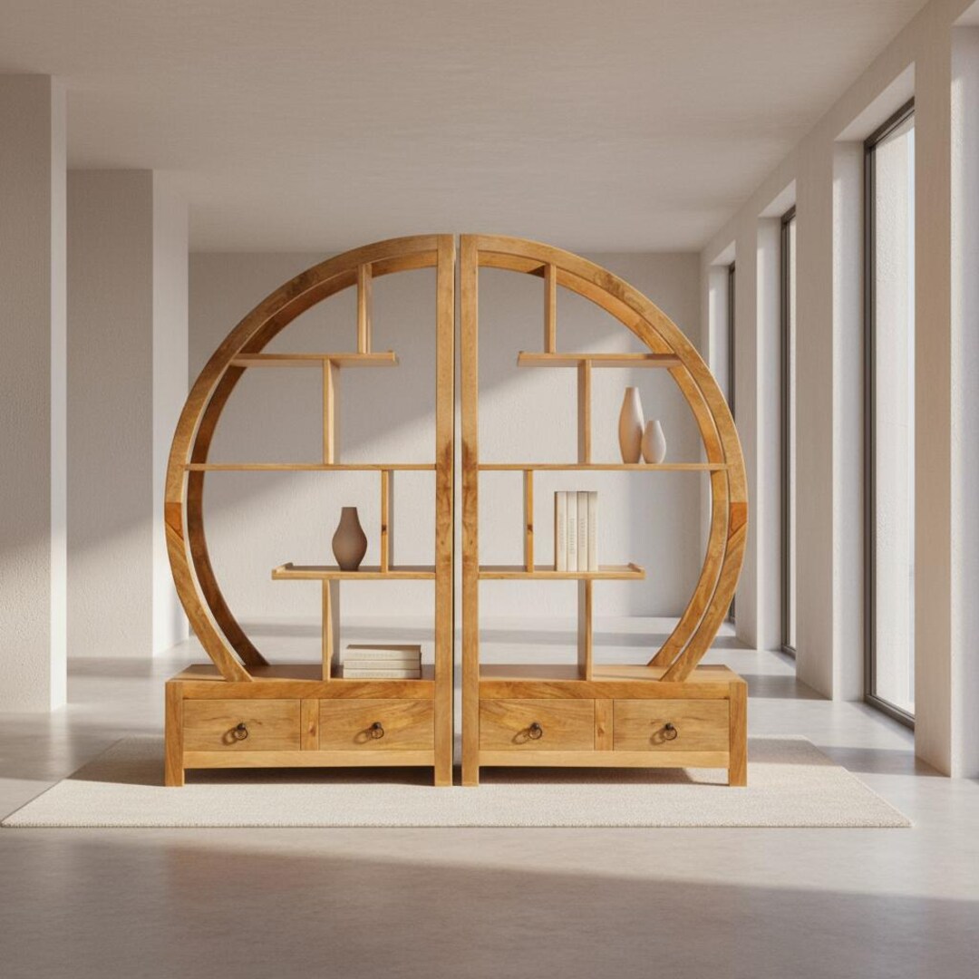 Solid Mango Wood Arched Room Divider Bookcase With Drawers. Sold ...