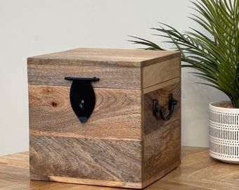 Solid Mango wood single record box, vinyl storage trunk, treasure chest, kindling holder.