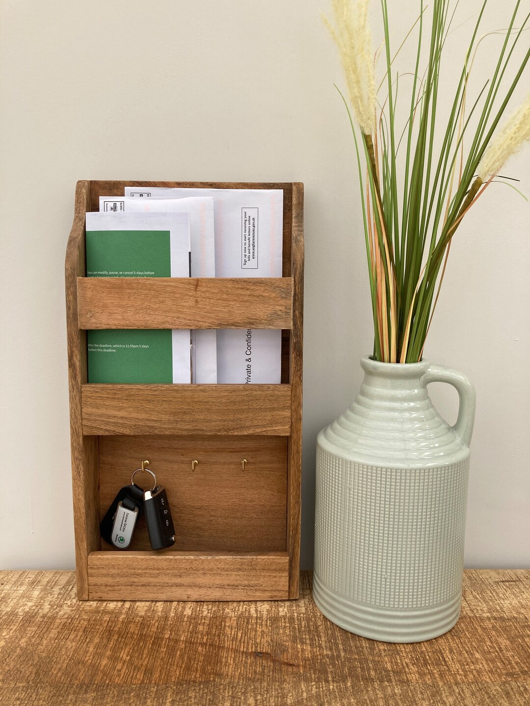 Solid Mango Wood Letter Rack and Key Hook Storage. Ideal for Wall ...