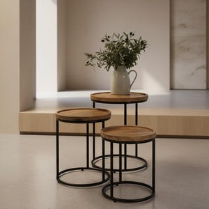 May include: A set of three nesting tables with circular wooden tops and black metal frames. The tables are arranged in a tiered formation, with a light-coloured ceramic pitcher containing green leafy branches placed on the tallest table.