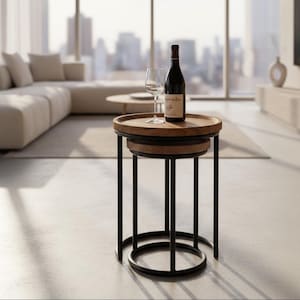 Nest of 2 Industrial style slim round side tables, Solid Mango wood - 52.5cm high 40cm wide IMANT-4041