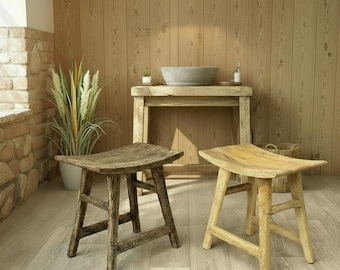 Rustic Curved Mango Wood Stool in natural or dark stain finish.