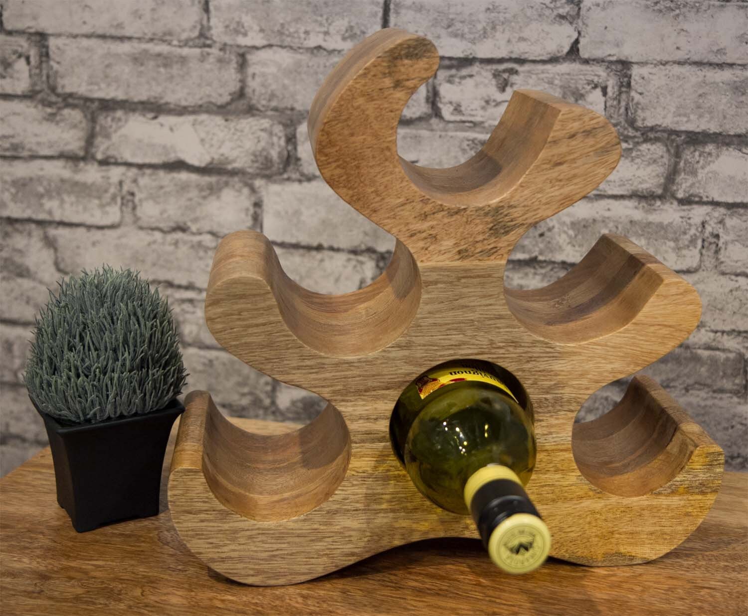 Mantis solid natural Mango fruit wood wine rack counter wine storage sculpture Mant 155 Holds 6 standard sized wine bottles