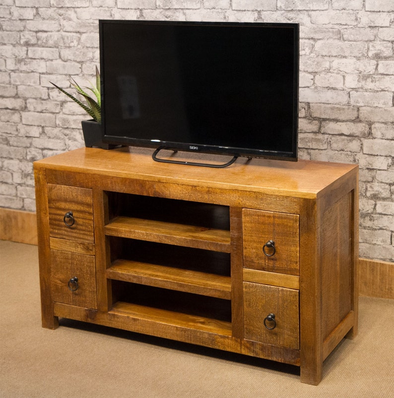 Tv Cabinet With 4 Drawers Solid Natural Rustic Rough Cut Mango Wood Cast Iron Ring Handles Mar 128