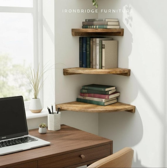 Mango Wood Corner Wall Shelves - Set of 3 - Contemporary Home Decor
