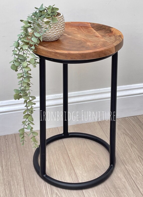 Industrial Style Slim Round Side Table Solid Mango Wood 51cm High