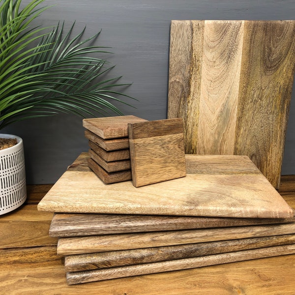 Set of Solid Mango Wood Board Placemats and Coasters - Perfect for use as a serving platter, food board, chopping board, mats or trivet