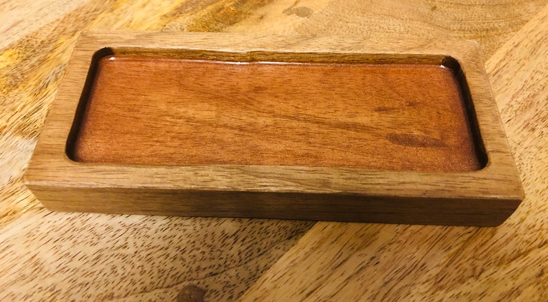 Mango Wood Condiment Tray: Salt Pepper Grinder Rest (18x8cm) copper resin lining