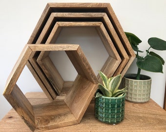 Mantis Hexagonal solid mango wood wall shelves floating shelf - available in 4 sizes - honeycomb shelving, storage, display, contemporary
