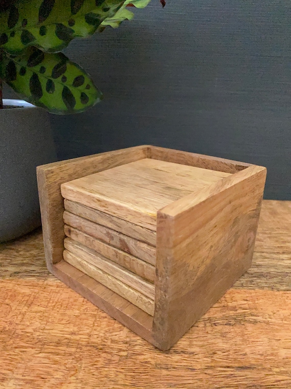 Mango Wood Coasters Set: Square Drinks Coasters with Holder