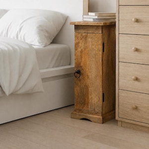 Small solid Mango wood slim cabinet with 1 door - ideal as for narrow spaces