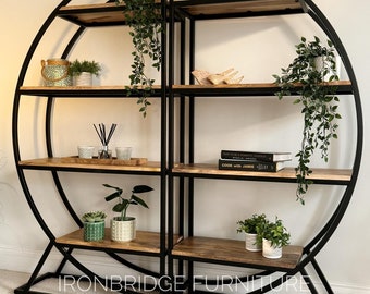 Large black metal framed industrial rounded room divider bookcase. Sold individually or in pairs.