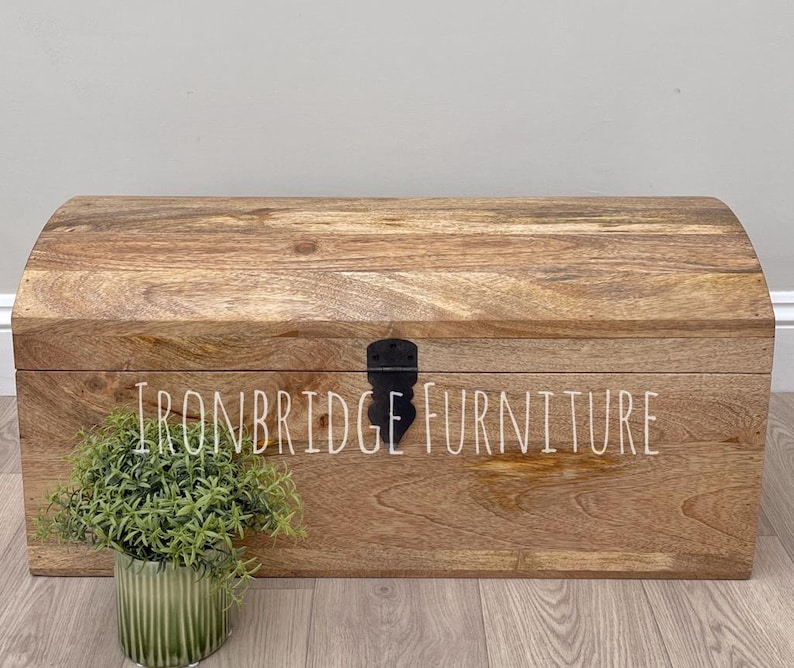 May include: A large, wooden storage chest with a curved top and a black metal clasp. The chest is made of light-colored wood with visible grain and the text "IRONBRIDGE FURNITURE" is printed on the front. A small green plant in a green pot sits in front of the chest.