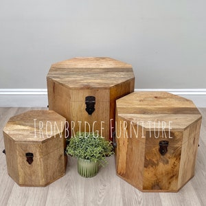 Solid Mango wood octagonal treasure chest, storage trunk, box, dowry, blanket - 3 sizes available