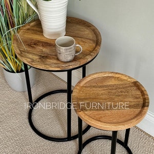 Set of 2 Industrial style slim round side tables, Solid Mango wood - 52cm high 40cm wide IMANT-4041a