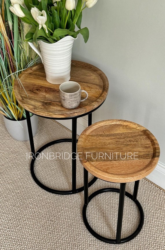 Set of 2 Industrial style slim round side tables, Solid Mango wood - 52cm high 40cm wide IMANT-4041a