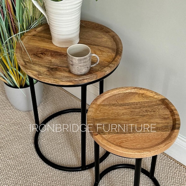 Set of 2 Industrial style slim round side tables, Solid Mango wood - 52cm high 40cm wide IMANT-4041a