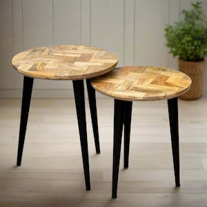 Industrial Mango Wood Nesting Side Tables: Parquet Design, Metal Legs