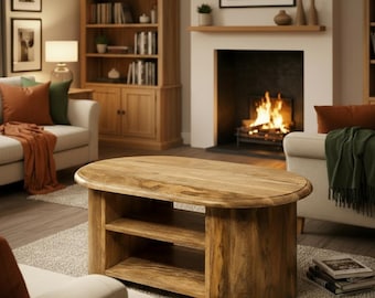 May include: Oval wooden coffee table with two shelves, in a living room setting. The table is light brown and has a natural wood grain. The room features a fireplace, bookshelves, and a neutral color scheme.