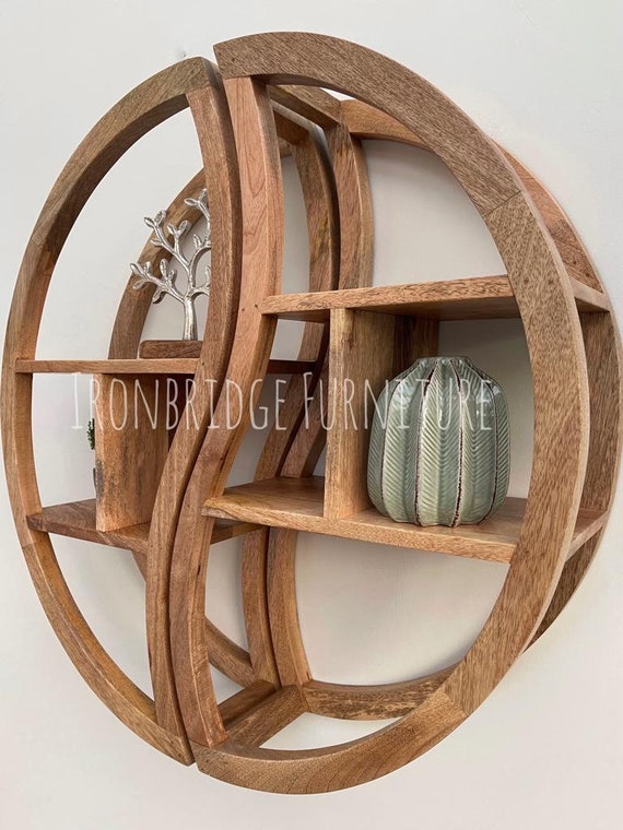 Round wooden shelf unit discount