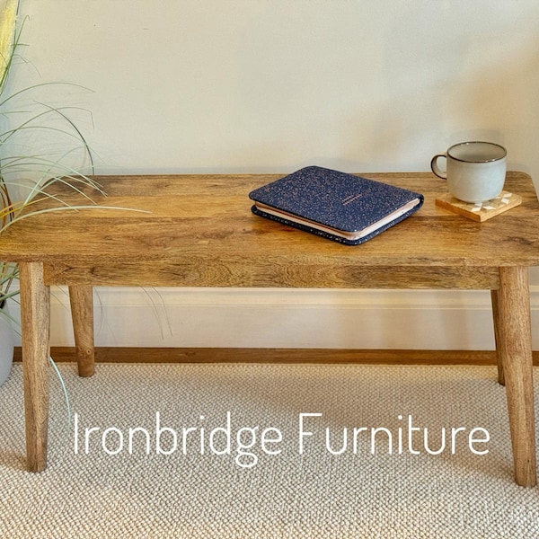Solid Mango wood slim coffee table, 90cm or 160cm wide, strong enough to be used as a dining bench