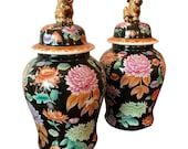 Pair of Famille Noire Ginger Jars on Rosewood Stands - Rare. FREE SHIPPING