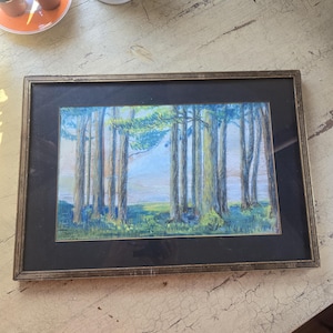 May include: A framed pastel artwork depicting a forest scene. The artwork features tall, slender trees with blue and green foliage, set against a light blue sky and a green meadow. The frame is a dark metal with a black matting.