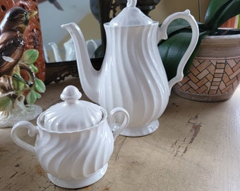 White Ceramic Coffee Pot and Sugar Bowl; England