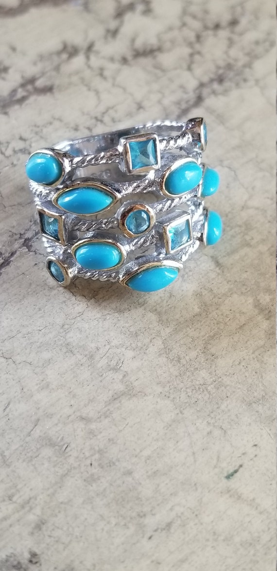 Sterling Silver Stacked Rings; Blue Stones in Brai