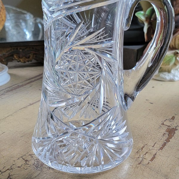 Vintage Etched Tanker Pitcher; Heavy Cut Glass Pitcher