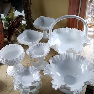 Vintage Milk Glass Fenton Hobnail Various Pieces; Basket, Bowls, Compote