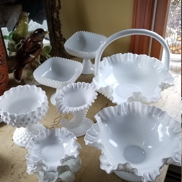 Vintage Milk Glass Fenton Hobnail Various Pieces; Basket, Bowls, Compote