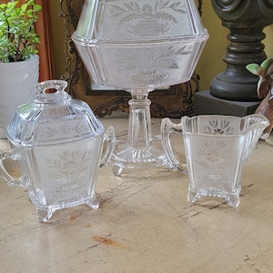 EAPG Cooperative Flint Glass Company Floral Creamer, Sugar Bowl & Covered Dish; Circa 1880s; Rare