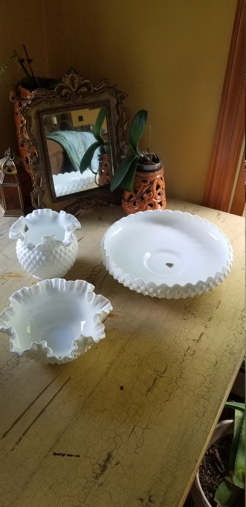 Fenton MILK Glass Hobnail Pieces Marked Fenton Ruffled Etsy